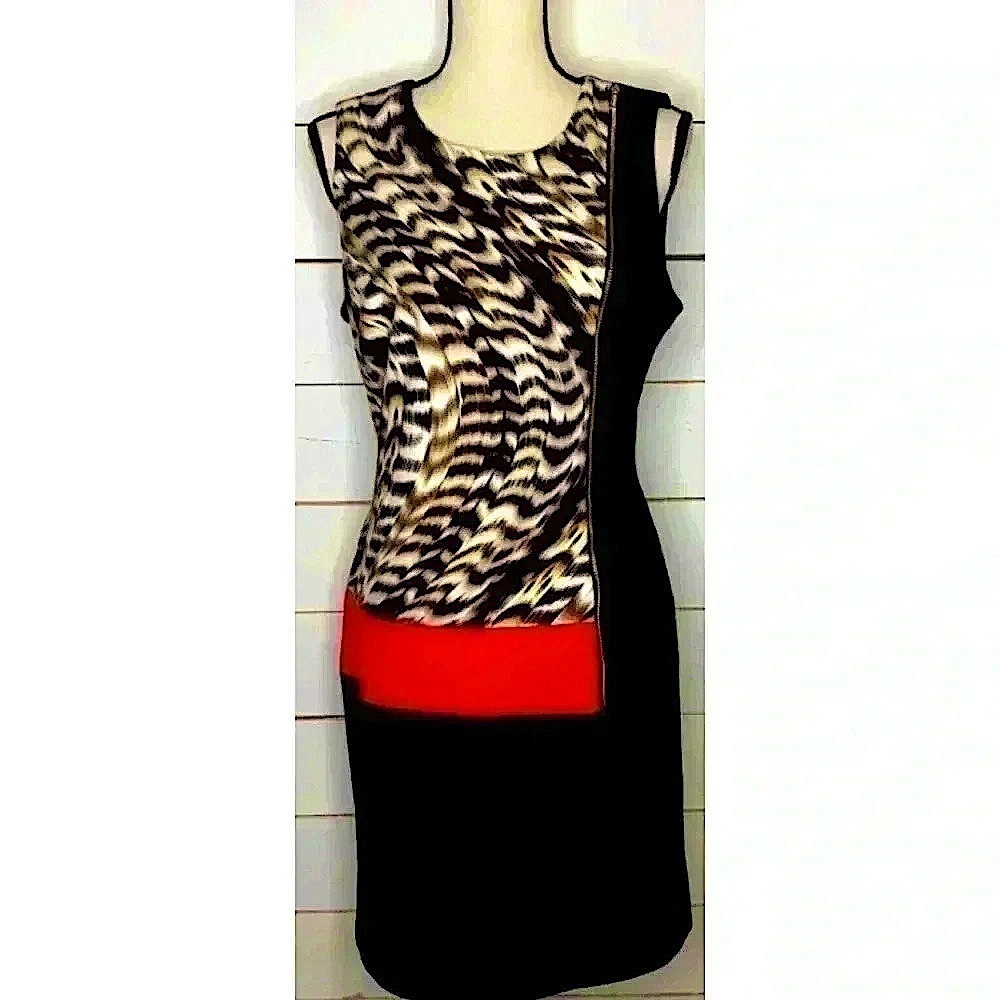 Calvin Klein Women’s Seamed Block Dress ‘Latte Multi 2’ Sz. 4 Midi Bodycon - Picture 2 of 3